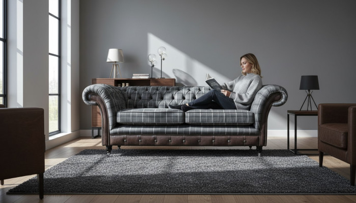 Sofá 3 plazas Sofás Textil Sofás de diseño Muebles de tela de tres plazas Gris Chesterfield