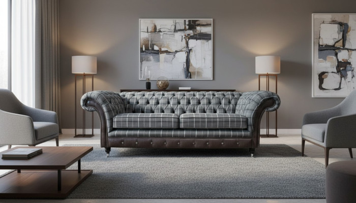Sofá 3 plazas Sofás Textil Sofás de diseño Muebles de tela de tres plazas Gris Chesterfield