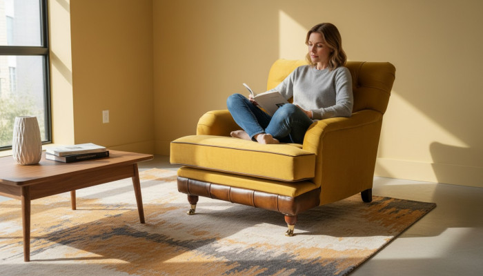 Sofá de una plaza en tela para sala de estar de lujo, mueble individual Chesterfield.