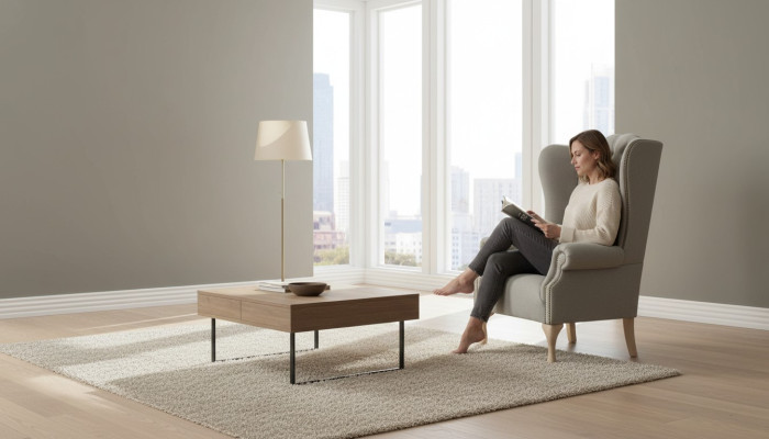 Sillón gris de orejas diseño tapizado Chesterfield textil sala de estar