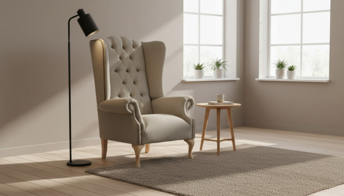 Sillón gris de orejas diseño tapizado Chesterfield textil sala de estar