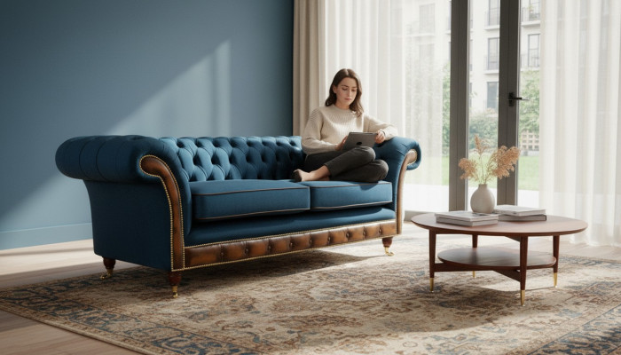 Diseño de sofá de tres plazas tapizado Chesterfield para muebles de sala.
