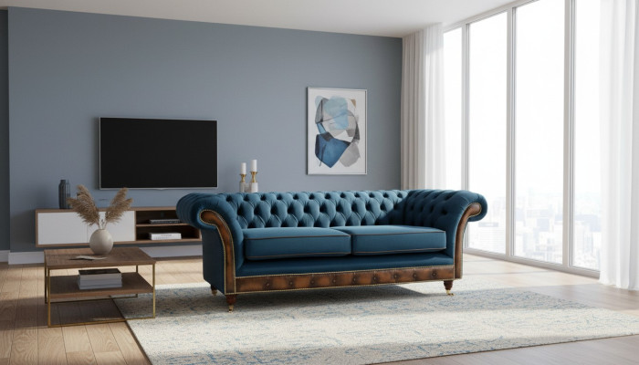 Diseño de sofá de tres plazas tapizado Chesterfield para muebles de sala.