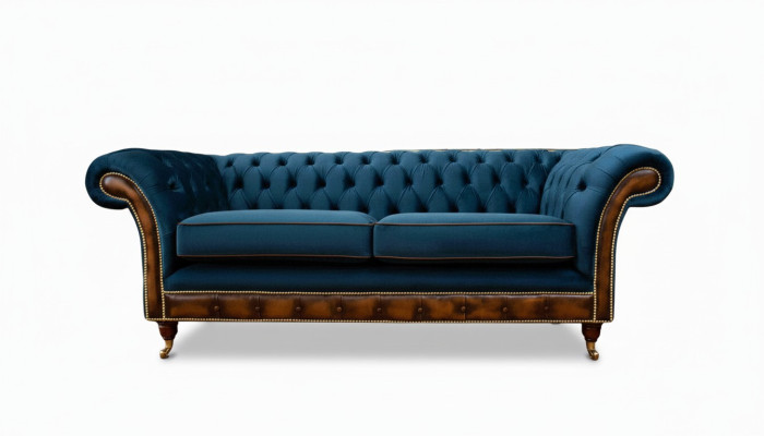 Diseño de sofá de tres plazas tapizado Chesterfield para muebles de sala.