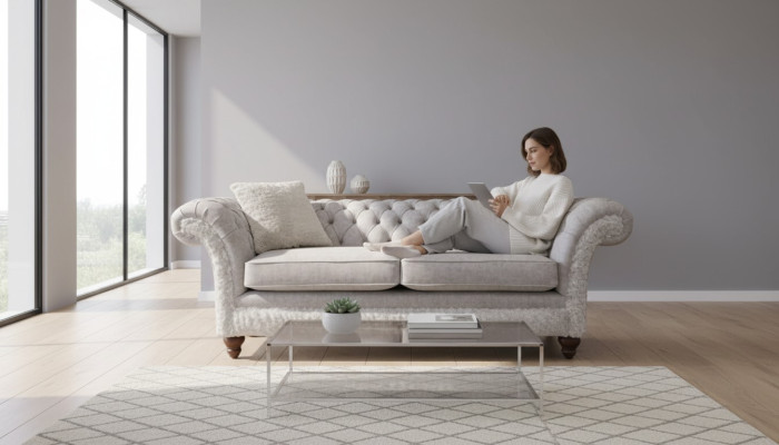 Moderno sofá de tres plazas de diseño acolchado en textil Chesterfield Beige