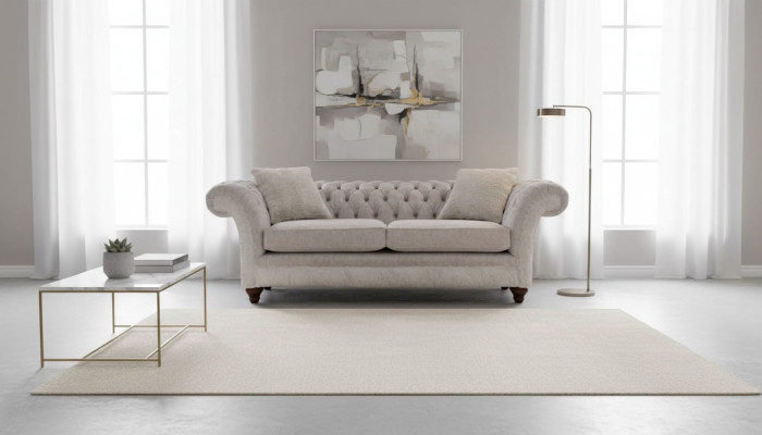 Moderno sofá de tres plazas de diseño acolchado en textil Chesterfield Beige