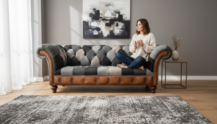 Chesterfield sofá de 3 plazas tapizado textil sofás sofá de sala de estar nuevo.