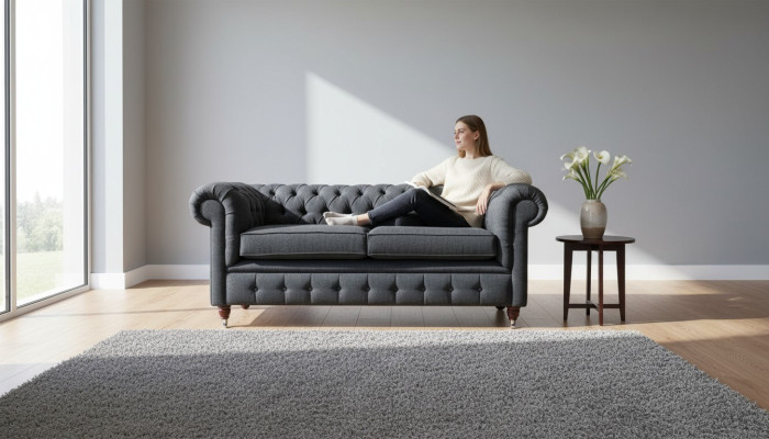Sofá Chesterfield tapizado de dos plazas en tela gris.