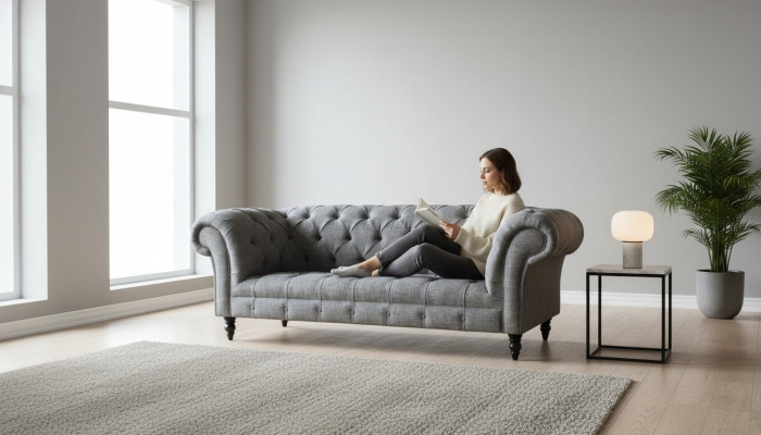 Sofá Chesterfield de 3 plazas con tapizado gris, nuevo.