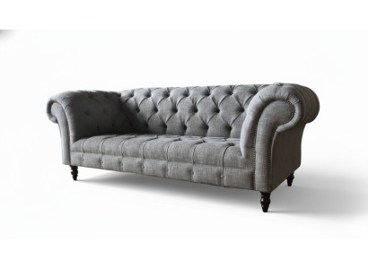 Sofá Chesterfield de 3 plazas con tapizado gris, nuevo.