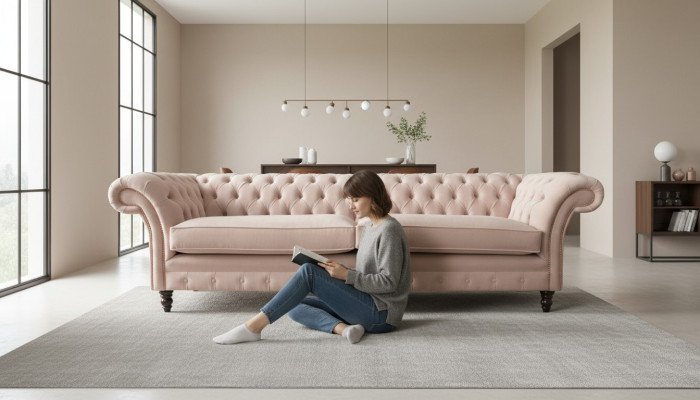 Sofá de diseño moderno Chesterfield de 4 plazas en rosa, muebles tapizados en tela Sofas Textil