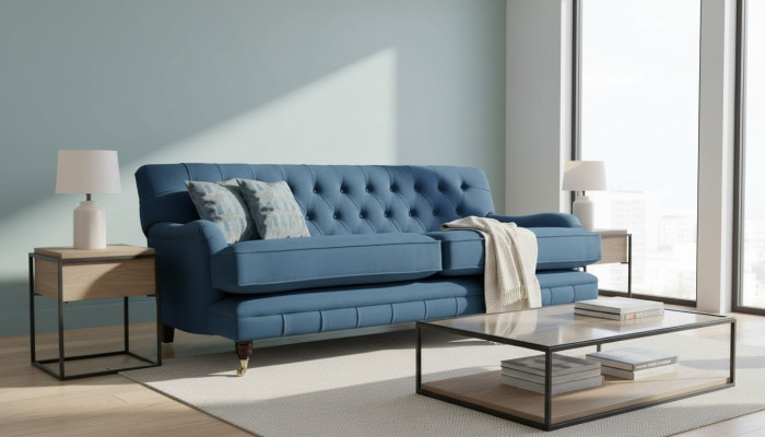 Sofá de diseño de tres plazas azul Chesterfield