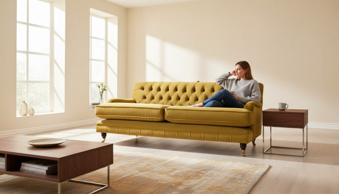 Sofá Chesterfield de 3 plazas tapizado en tela de tela. Sofás elegantes.
