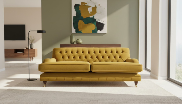 Sofá Chesterfield de 3 plazas tapizado en tela de tela. Sofás elegantes.