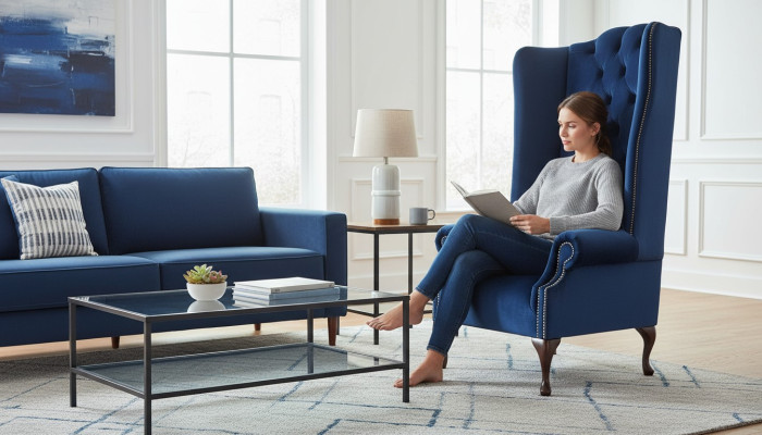 Silla Chesterfield Sofá Tela Salón Tapizado Azul Lujo Sillón de orejas