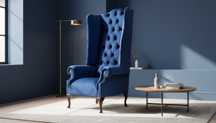 Silla Chesterfield Sofá Tela Salón Tapizado Azul Lujo Sillón de orejas