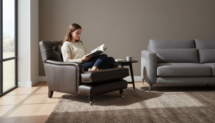Sillón de diseñador de 1 plaza de cuero y tela marrón, sofá de lujo Chesterfield.