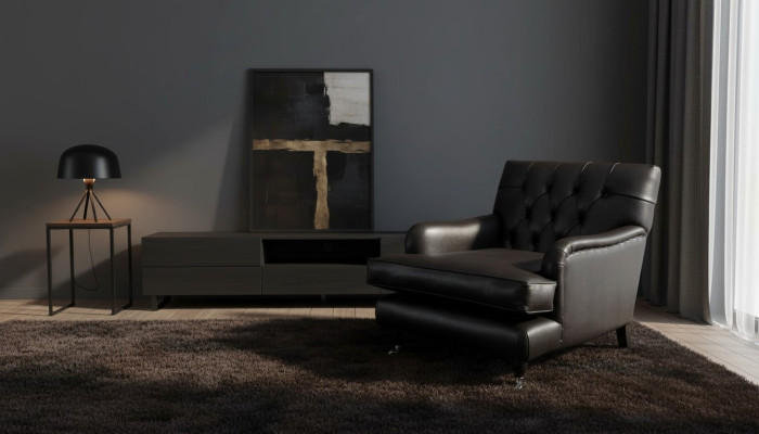 Sillón de diseñador de 1 plaza de cuero y tela marrón, sofá de lujo Chesterfield.