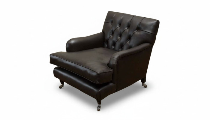 Sillón de diseñador de 1 plaza de cuero y tela marrón, sofá de lujo Chesterfield.