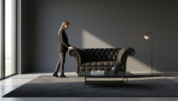 Chesterfield Sillón Diseño Sofá Tapizado Negro Textil Tela Lounge