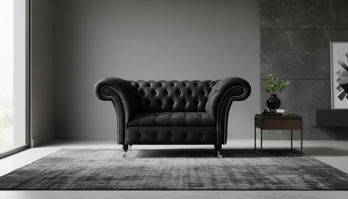 Chesterfield Sillón Diseño Sofá Tapizado Negro Textil Tela Lounge