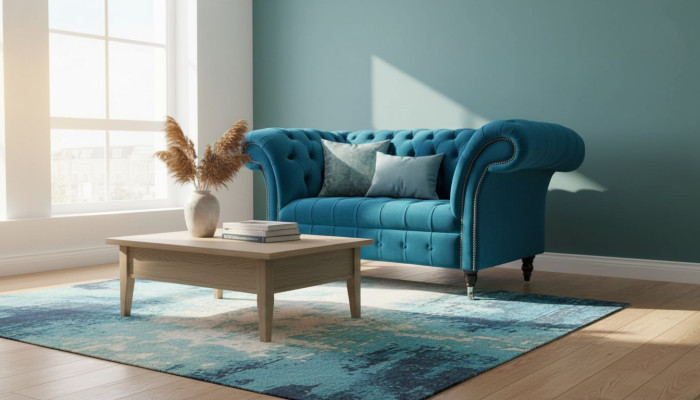 Sillón Chesterfield diseño sofá azul tela muebles.