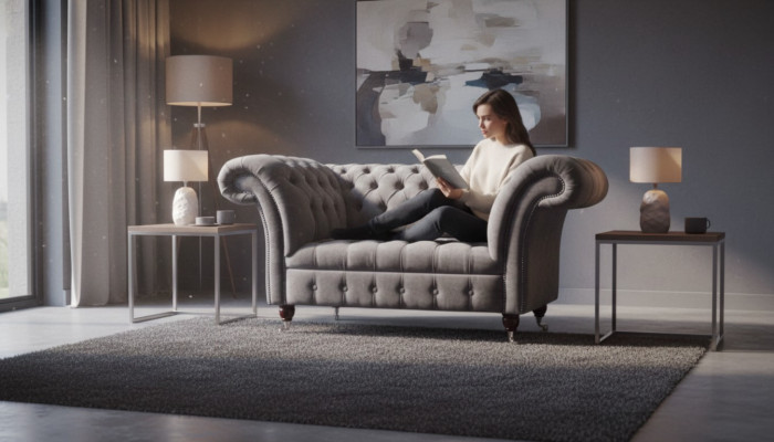 Sofá Chesterfield de 1,5 plazas, sofá tapizado de diseño, asientos acolchados, gris.