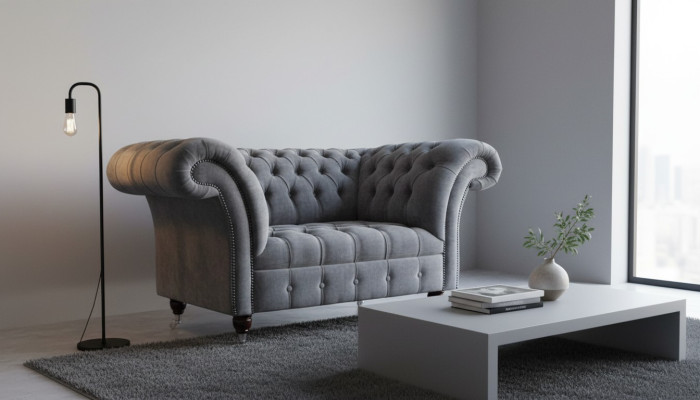 Sofá Chesterfield de 1,5 plazas, sofá tapizado de diseño, asientos acolchados, gris.