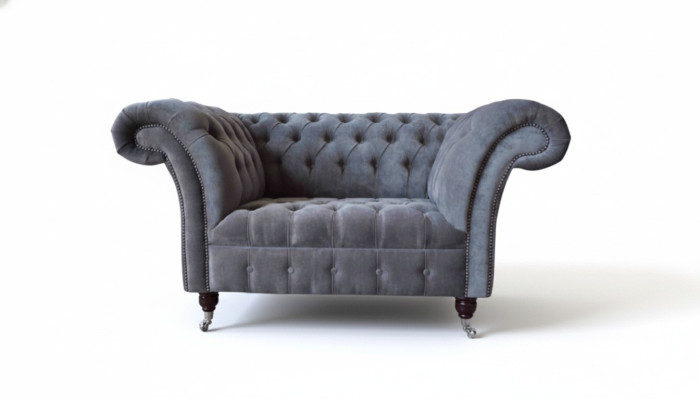 Sofá Chesterfield de 1,5 plazas, sofá tapizado de diseño, asientos acolchados, gris.