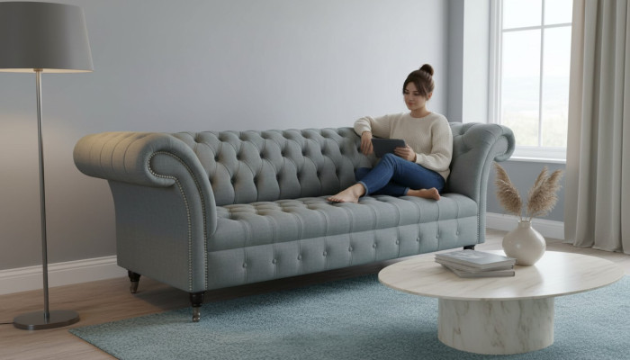 Sofá de 3 plazas de tela moderno de lujo gris Chesterfield nuevo