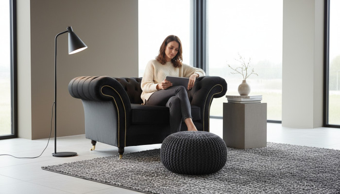 Sillón Chesterfield Lounge negro sofá sofá tapizado moderno tela nueva