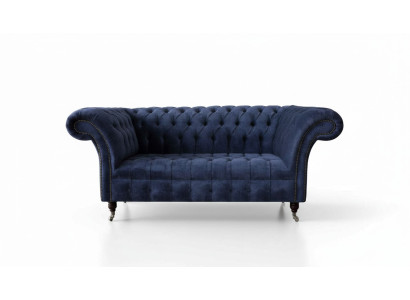 Sofá Chesterfield de diseño, sofá de 2 plazas, tapizado azul, nuevo.