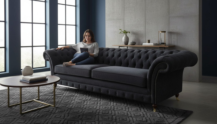 Sofá de tres plazas tapizado en negro, sofá de 3 plazas, muebles de diseño para sala.