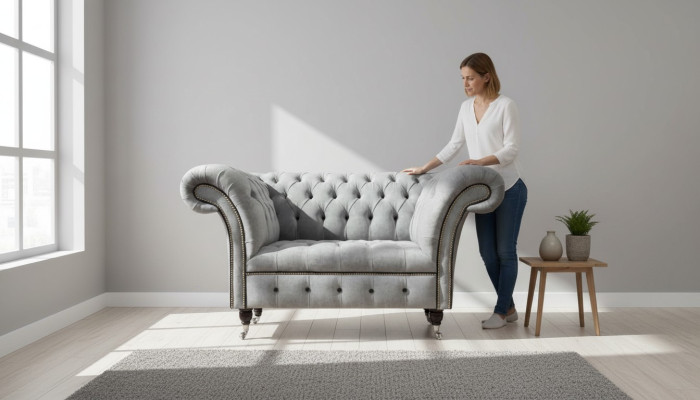 Sillón Chesterfield de tela diseño de sala de estar diseño de tapicería textil diseño de lujo.