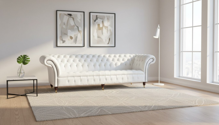 Chesterfield Sofas Design de lujo blanco sofá de tela de 4 plazas de tela de cuatro plazas