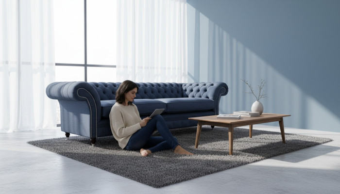 Sofá de diseño de 4 plazas en tela azul con tapizado de Chesterfield, nuevo.