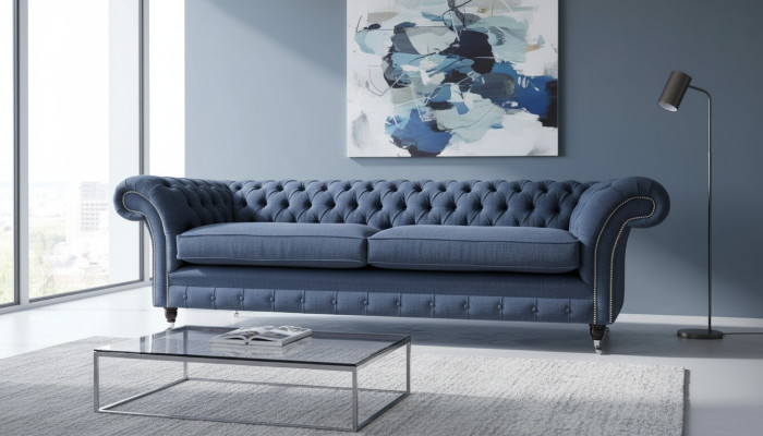 Sofá de diseño de 4 plazas en tela azul con tapizado de Chesterfield, nuevo.