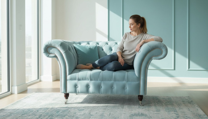 Sillón Chesterfield turquesa, sofá tapizado de diseño de 1 plaza, nuevo.