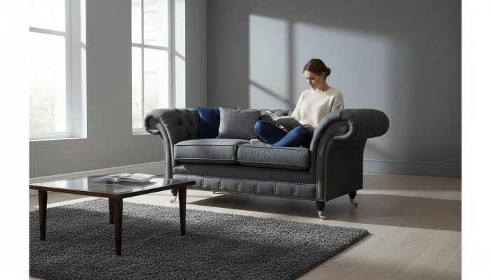 Sofá Chesterfield de 2 plazas, tela de color gris, nuevo.
