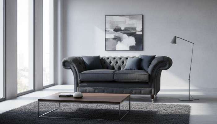 Sofá Chesterfield de 2 plazas, tela de color gris, nuevo.