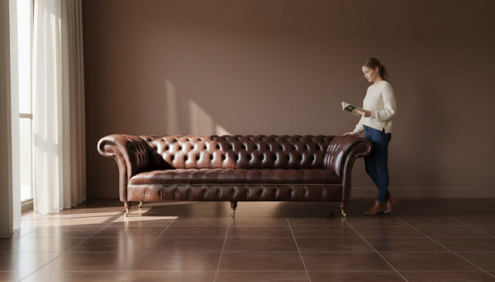 Sofá Chesterfield Couch Tapizado Asiento Cuero Sofás Marrón Diseñador