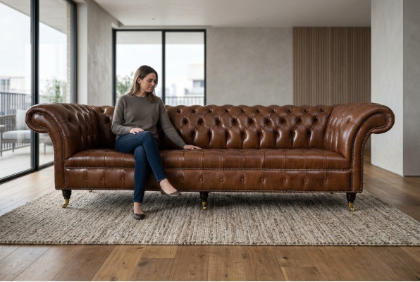 Sofá de 4 plazas lujo muebles Chesterfield cuero marrón diseño estilo moderno.