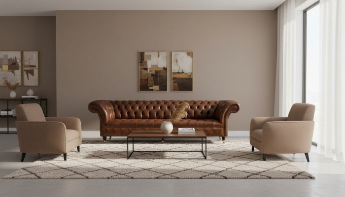 Sofá de 4 plazas lujo muebles Chesterfield cuero marrón diseño estilo moderno.
