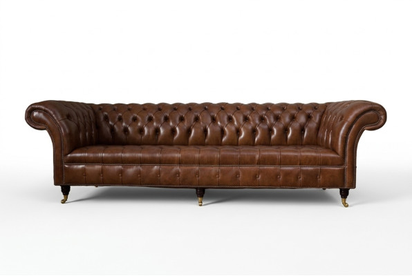 Sofá de 4 plazas lujo muebles Chesterfield cuero marrón diseño estilo moderno.