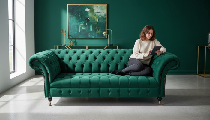 Sofá de tres plazas 3 plazas Sillón de lujo Sofás modernos Verde Tela Chesterfield