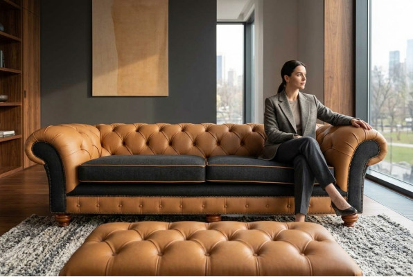 Elegante sofá de 4 plazas para la sala de estar, tapizado, sofá grande Chesterfield de cuero y tela, nuevo