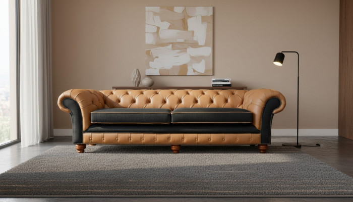 Elegante sofá de 4 plazas para la sala de estar, tapizado, sofá grande Chesterfield de cuero y tela, nuevo