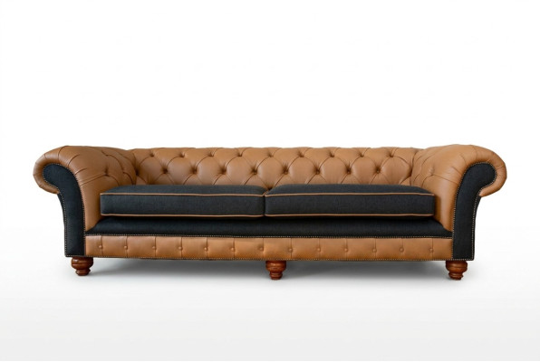 Elegante sofá de 4 plazas para la sala de estar, tapizado, sofá grande Chesterfield de cuero y tela, nuevo