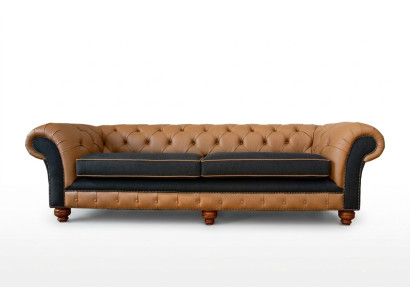 Elegante sofá de 4 plazas para la sala de estar, tapizado, sofá grande Chesterfield de cuero y tela, nuevo