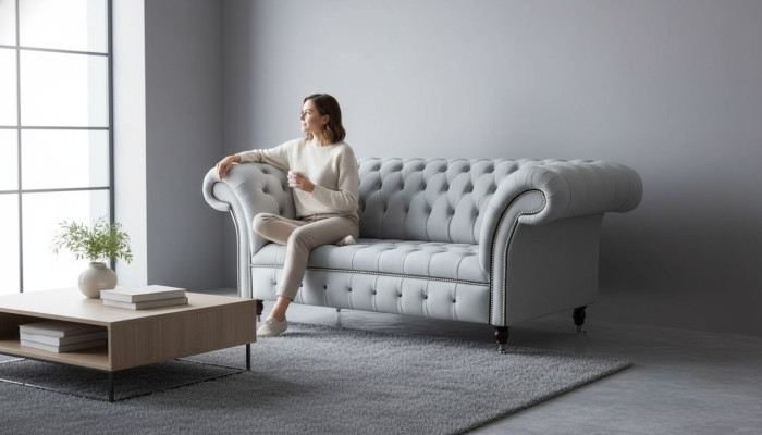 Sofá Chesterfield de dos plazas en gris, muebles tapizados en cuero.